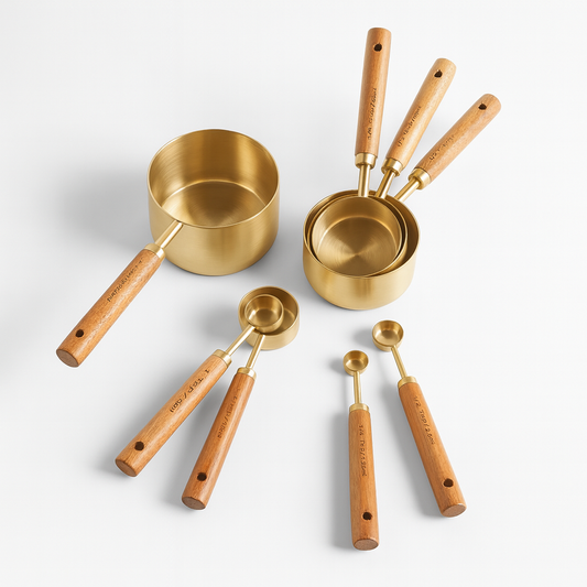 Gold Wooden Handle Stainless Steel Measuring Cups Spoons