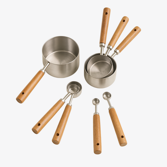 Silver Wooden Handle Stainless Steel Measuring Cups Spoons